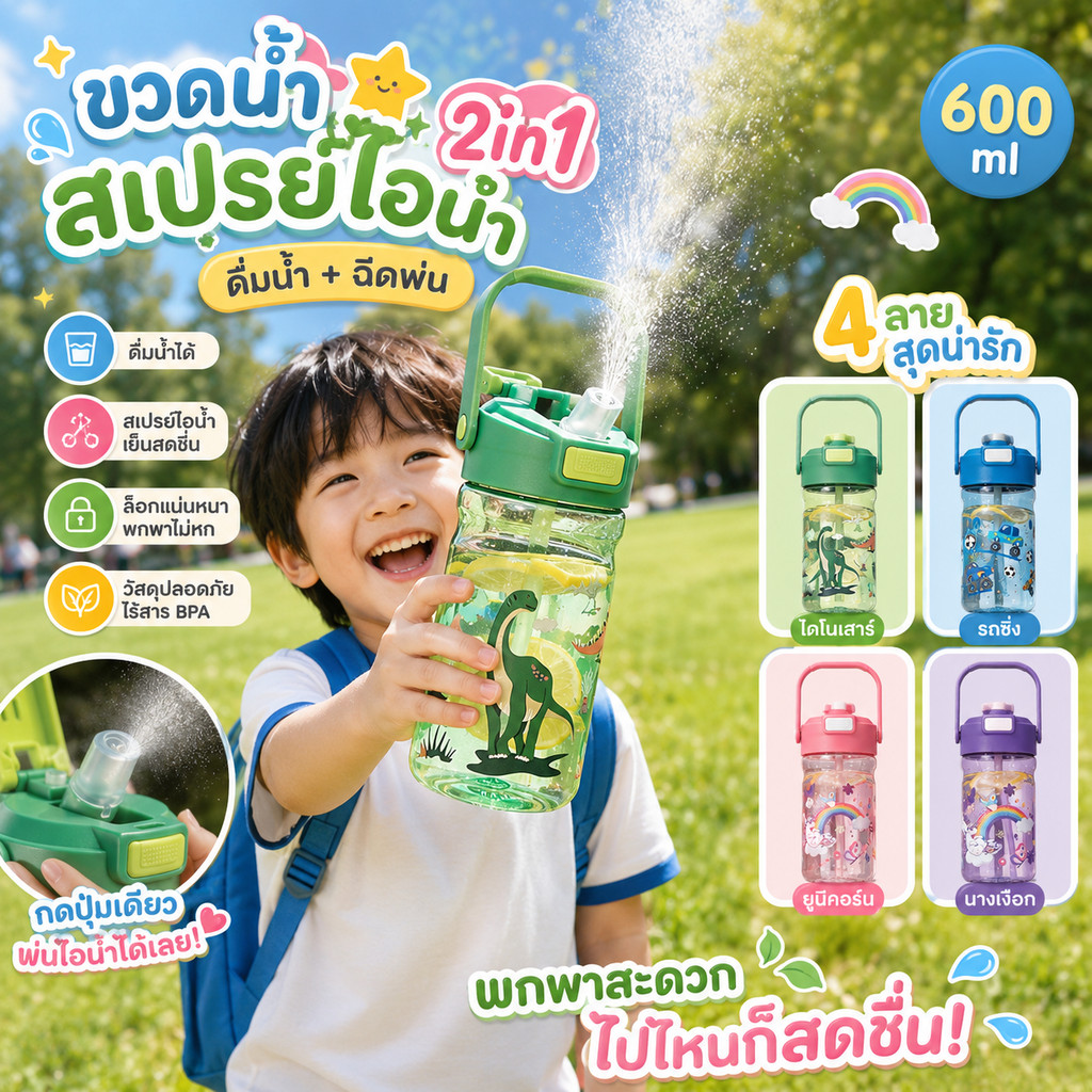 COD ขวดสเปรย์สําหรับเด็ก ดื่มน้ำ 600ml 2in1 แก้วน้ำสำหรับเด็ก แบบพกพา แก้วน้ำพร้อมหลอด