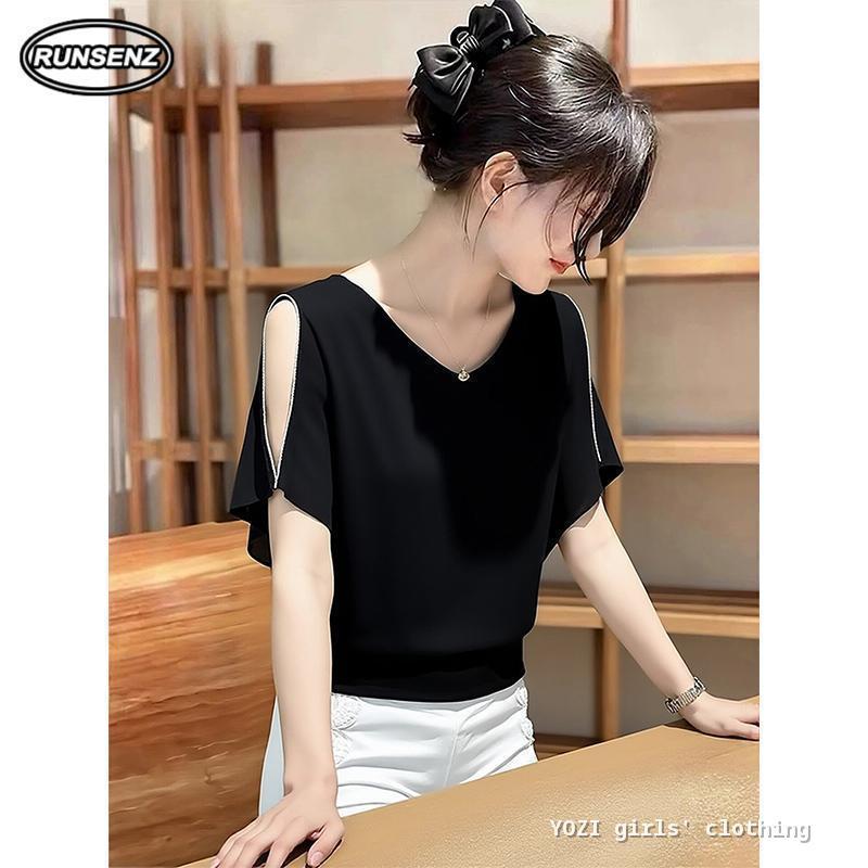 M-4XL V คอเพิร์ลโซ่แยก Flutter Sleeve Tshirt ผู้หญิง Plus ขนาดหลวมด้านบน