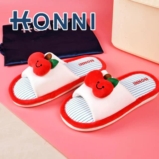 KONNI รองเท้าแตะแฟชั่น รองเท้านิ่ม หญิงน่ารัก บ้านผ้าฝ้ายผ้าลินินผ้าลินิน รองเท้าใส่ในบ้าน ลายแอปเปิ้ล