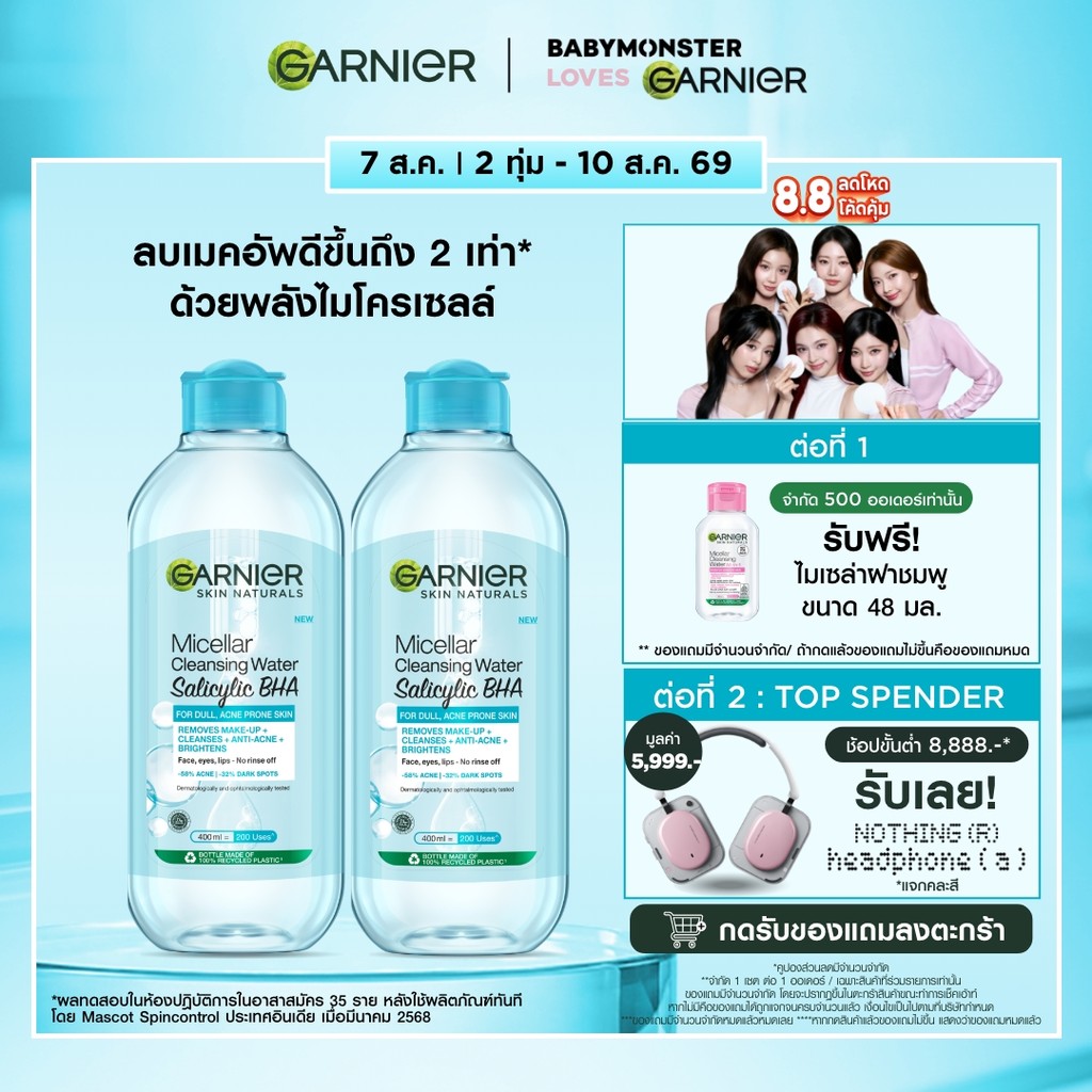 [แพ็คคู่สุดคุ้ม] การ์นิเย่ ไมเซล่า คลีนซิ่ง วอเตอร์ ซาลิไซลิค บีเอชเอ Blue 400มล. GARNIER MICELLAR CLEANSING WATER SALIC