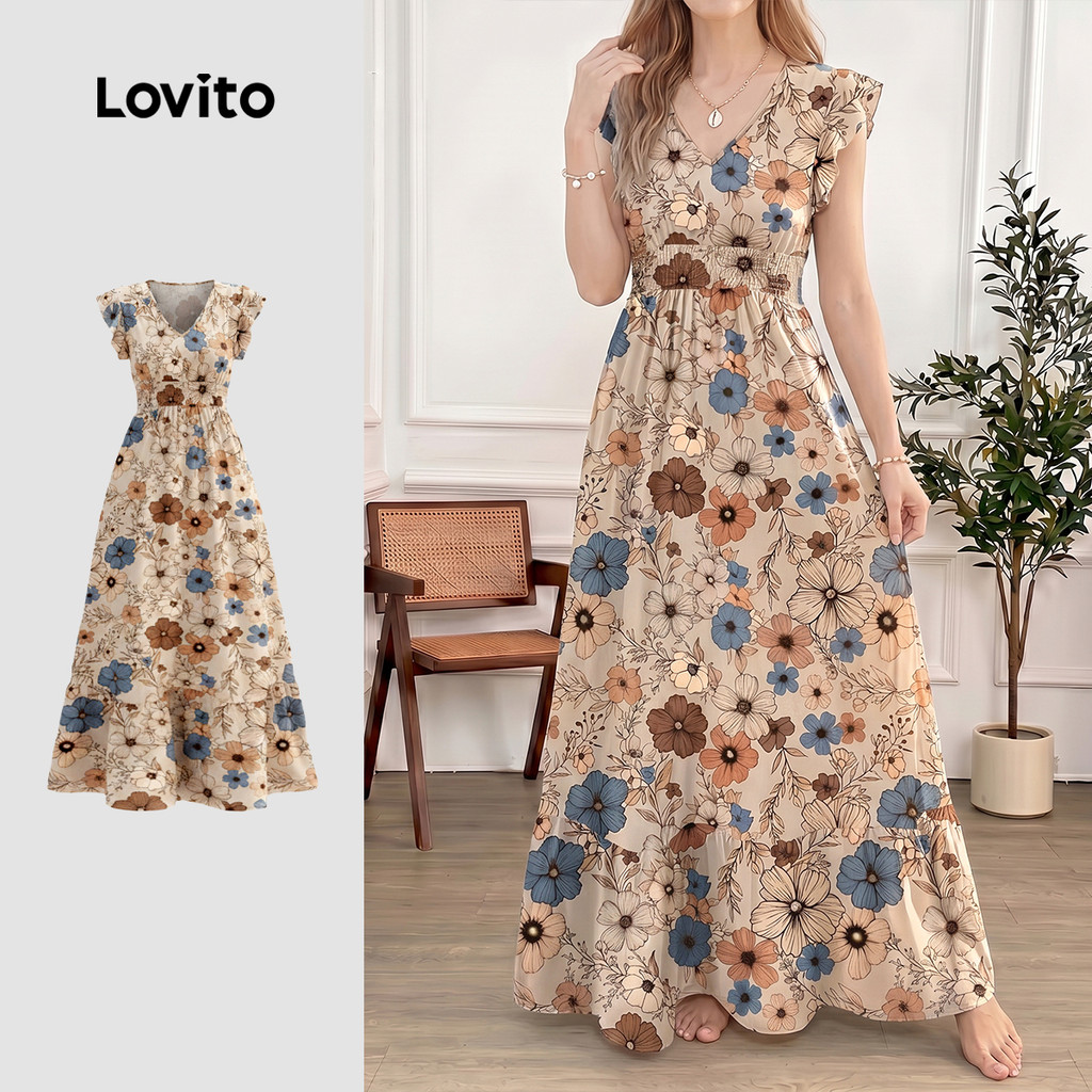 (New Arrival) Lovito ชุดเดรสผู้หญิงแต่งระบายขอบ ดีไซน์สง่างาม สไตล์ฤดูใบไม้ผลิ/ฤดูร้อน LK7ED1405