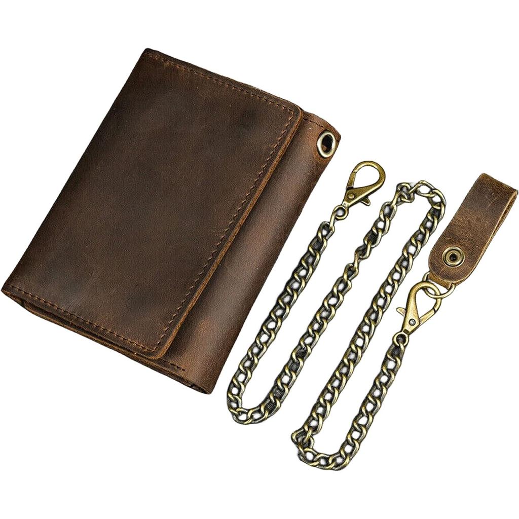 Men Tri-fold Vintage Leather Biker Chain Wallet With Snap Closur Zipper Purse สีน้ําตาล