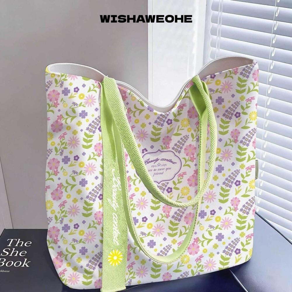 WISHAWEOHE Canvas Tote Bag, กระเป๋าสะพายน้ําหนักเบาความจุขนาดใหญ่, แฟชั่นดอกไม้Reusable Commuteกระเป๋าถือทุกวัน
