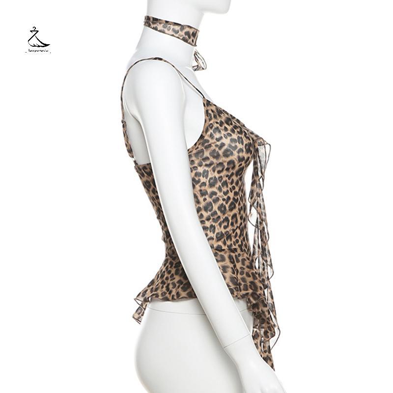 [HSSL] อเมริกันสาวร้อนสไตล์ Retro เสือดาวพิมพ์ Halter คอ Camisole สําหรับผู้หญิงฤดูร้อนไม่สม่ําเสมออ