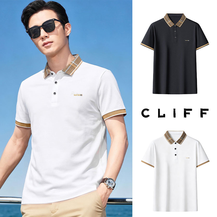 CLIFF เสื้อโปโลผู้ชาย ปกพลิกลายตารางคัลเลอร์บล็อก เสื้อสไตล์ลำลอง สไตล์วินเทจอเมริกัน เหมาะใส่ประจำวันไปทำงาน พร้อมส่ง
