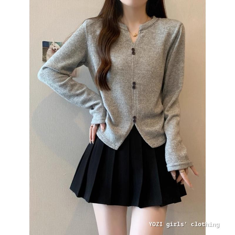 M-4XL สีเทาอ่อนวาฟเฟิลถักเสื้อแขนยาว,ปุ่มด้านหน้า Slit V คอติดตั้งด้านบน Curvy M-4XL