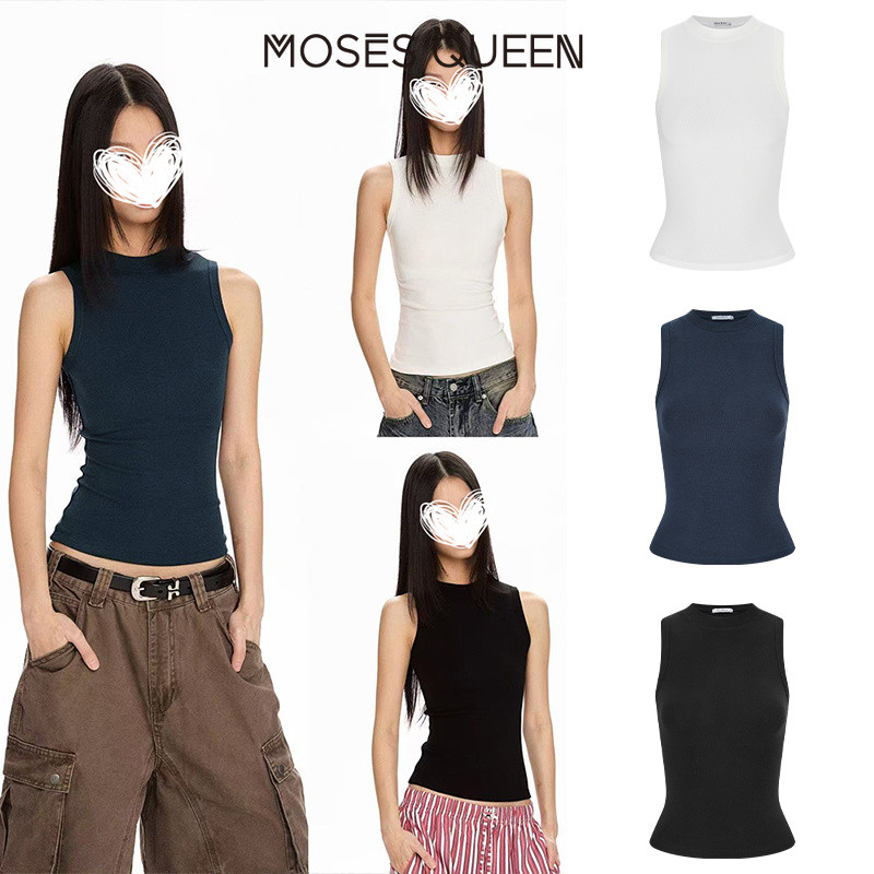 MOSESQUEEN มอสเนสควีน เสื้อเบลาส์แขนกุดย้อนยุคสไตล์อเมริกันใส่ได้ทั้งด้านในและสวมใส่ด้านนอกเสื้อเบลาส์เข้ารูปเหมาะกับลุคสาวแกร่ง #64037