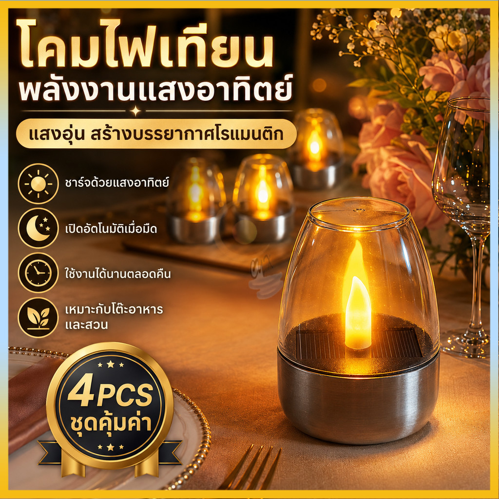 โคมไฟเทียนโซล่าเซลล์ ตะเกียง solar cell LEDกันน้ำ สำหรับแต่งสวน ตกแต่งหน้าบ้าน กลางแจ้ง