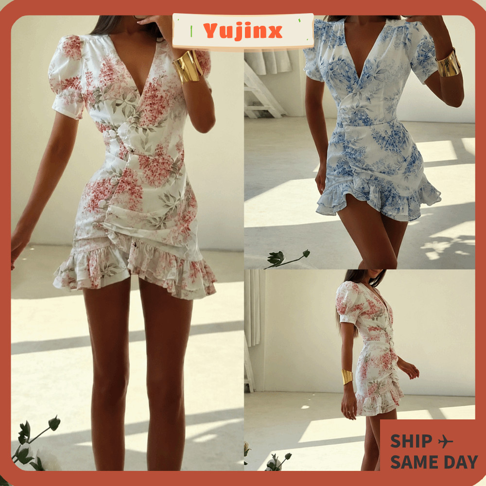 YUJINX Cascading Ruffles Mini Dress, Holiday พิมพ์ไม่สมมาตร Ruffles ชุด, Chic พัฟแขนจีบเอว-Dinning จ