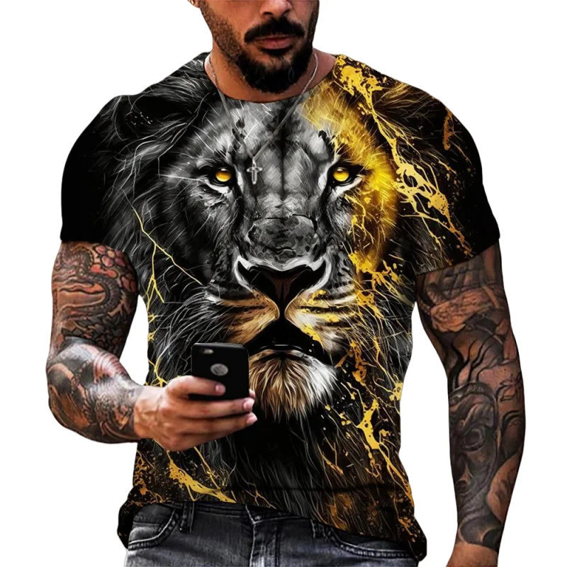 แฟชั่น Lion Leopard Graphic เสื้อยืดสําหรับชาย Cool สัตว์ 3D พิมพ์ Tees ฤดูร้อนรอบคอขนาดใหญ่แขนสั้นเ