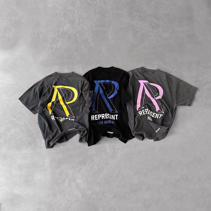 VJ2G REPRESENT City Limited สีพิมพ์ตัวอักษรล้าง Distressed หลวมรอบคอแขนสั้นเสื้อยืด