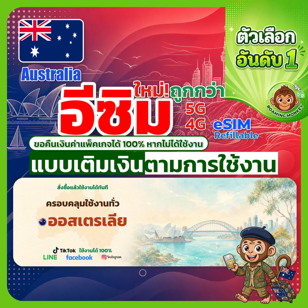 ESIM Australia 4G/5G เติมเงินตามการใช้งาน ซิมเดินทาง ท่องเที่ยว ออสเตรเลีย เครือข่าย Optus Vodafone 
