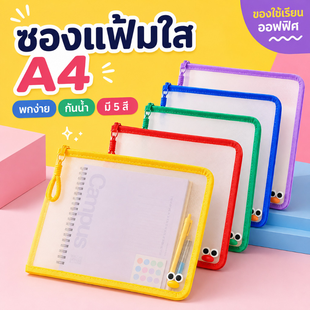 [พร้อมส่ง] แฟ้มซิปใส A4 กันน้ำ กระเป๋าตาข่ายใส่เอกสาร สมุด เครื่องเขียน ฟรีสติกเกอร์ตาโต จุเยอะ ซิปรูดลื่น มีหลายสี