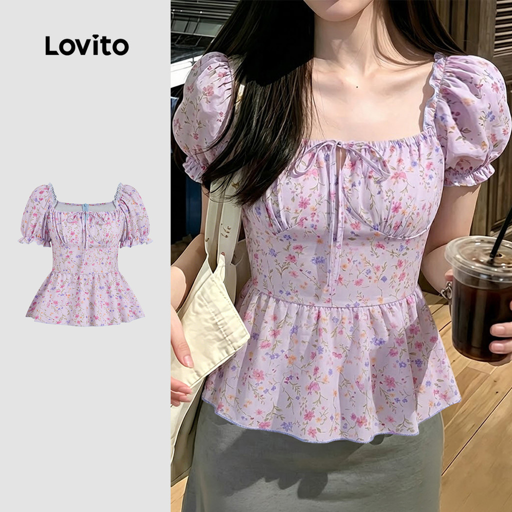 (New Arrival) Lovito เสื้อเบลาส์สีม่วงลําลองเรียบง่าย เหมาะสําหรับฤดูใบไม้ผลิ/ฤดูร้อนสําหรับผู้หญิง เกาหลี อินเทรนด์ L197AD1026