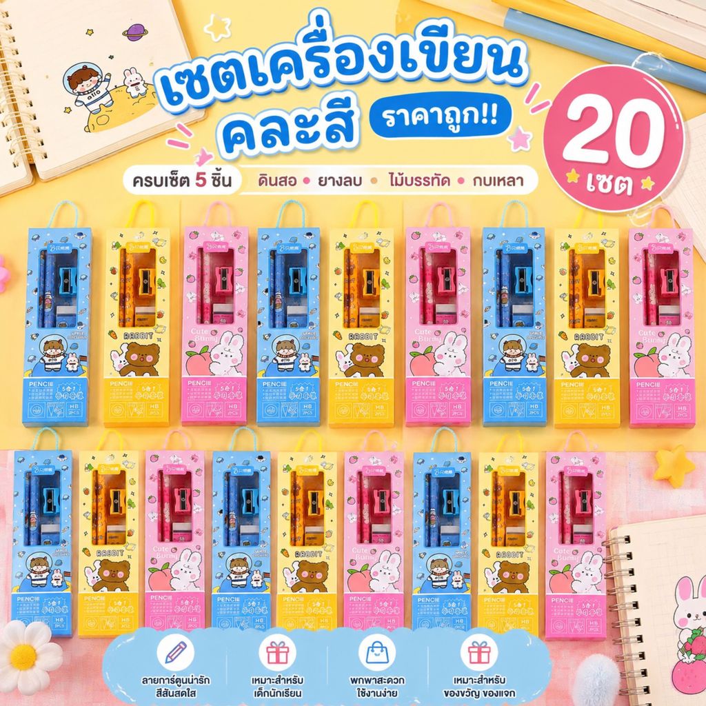 ชุดเครื่องเขียน คละสี 10/20 เซต ลายการ์ตูน ดินสอ ยางลบ ไม้บรรทัด กบเหลา อุปกรณ์การเรียน ของขวัญ ของแจก