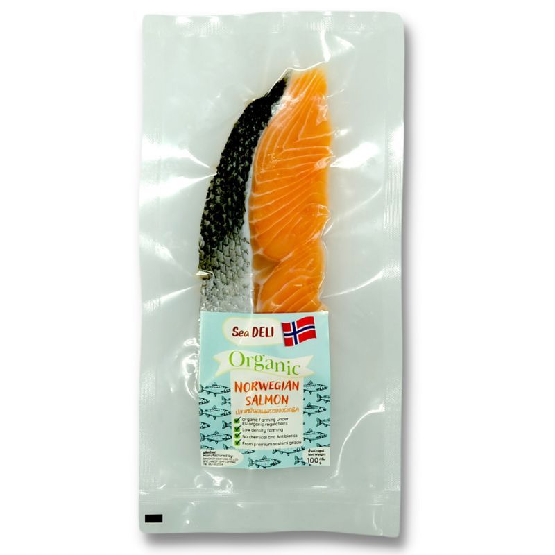 ซีเดลิปลาแซลมอนนอร์เวย์ออร์แกนิคหั่นคิริมิ 100กรัม Seadeli Salmon Kirimi 100g [หมายเลขบาร์โค้ด 8859205302615]