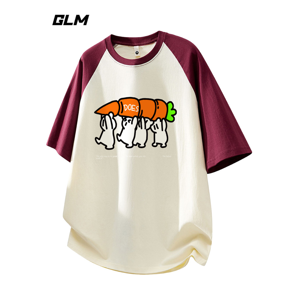 GLM อย่างเป็นทางการแท้ American Street สวมเสื้อยืดแขนสั้นผู้ชาย Contrast เย็บการ์ตูนพิมพ์ All-Match 