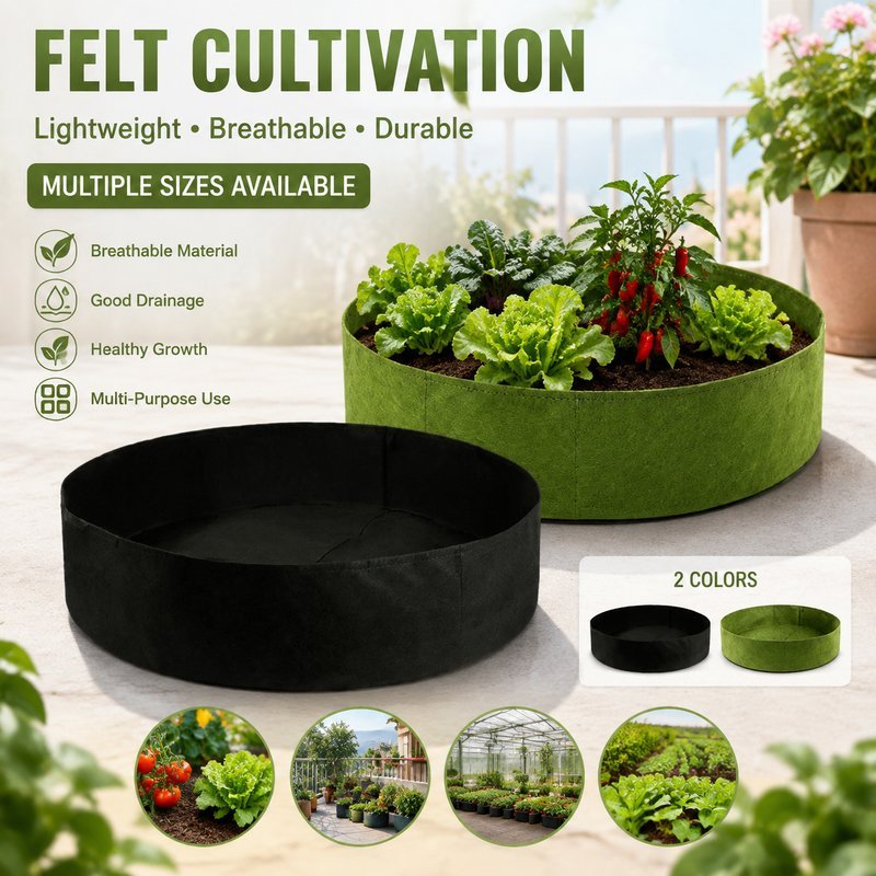 กระถางผ้าปลูกต้นไม้ Grow bag ผ้าสักหลาดหนา ทรงเตี้ยกว้างไม่มีหูหิ้ว ช่วยจัดแปลงปลูกบนระเบียงและลานบ้าน