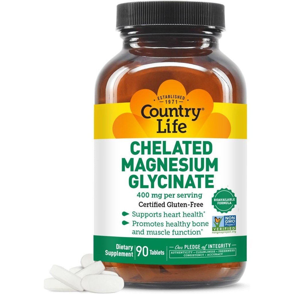 Country Life Chelated Magnesium Glycinate 400mg, 90 เม็ด,ผลิตภัณฑ์ปลอดกลูเตนที่ผ่านการรับรอง,ผลิตภัณ
