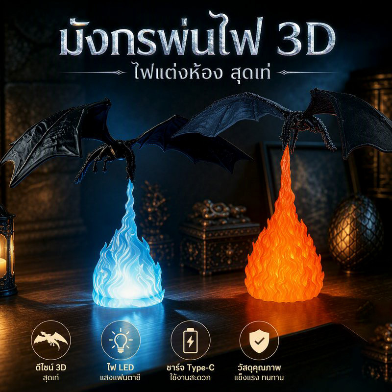 COD ของแต่งชั้นหนังสือ ไฟตกแต่ง ดีไซน์มังกรพ่นไฟ 3D สุดเท่ พอร์ตชาร์จ Type‑C ไฟตกแต่งแฟนตาซี
