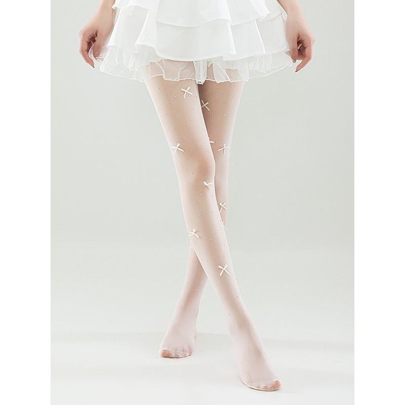 少女Lolita蝴蝶结闪钻美肤袜打底连裤袜芭蕾风纯欲白色丝袜女夏* 季Sweet Lolita Lolita Pantyhose Lolita Socks French Palace Style