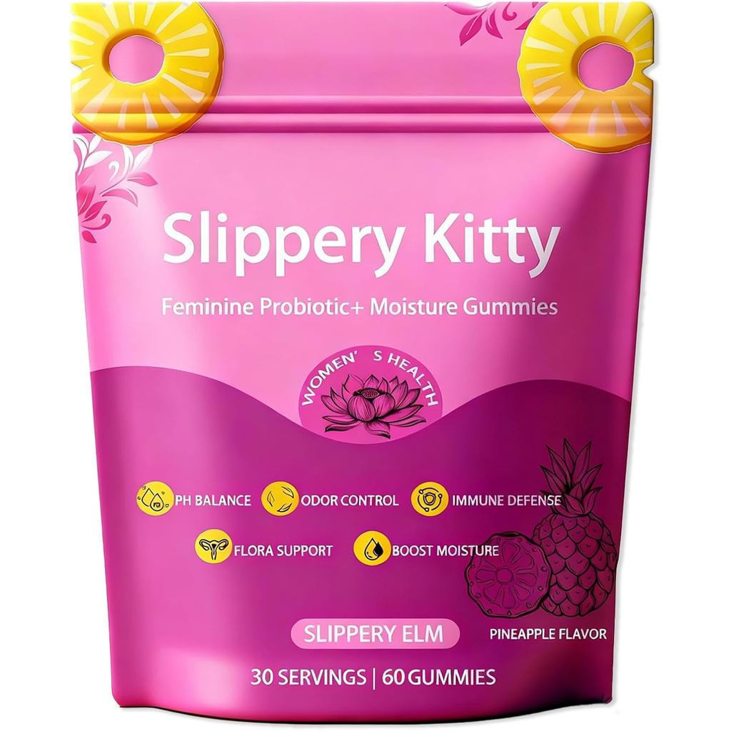 SlipperyKitty Gummy, โปรไบโอติกหญิง+Moisturizing Gummy, รองรับสุขภาพทางเดินอาหาร, SlipperyElm รสสับป