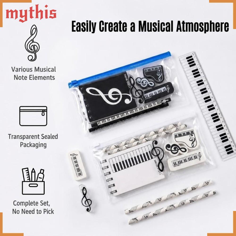 MYTHIS 7/8 ชิ้นชุดเครื่องเขียน, เปียโนเสียงแหลม Clef พิมพ์ธีมดนตรียางลบดินสอ, ไม้บรรทัด Kawaii