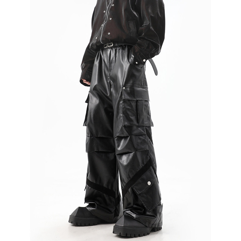 American High-End Wide-Leg Overalls Leather Pants Mens Floor-Mopping Black PU Leather Casual Pants N
