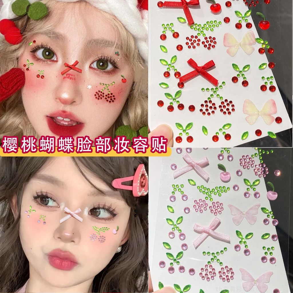 Ins สติกเกอร์คริสตัลเชอร์รี่ผีเสื้อ Bowknot 3D Rhinestone สติกเกอร์สําหรับแต่งหน้า DIY ตกแต่ง