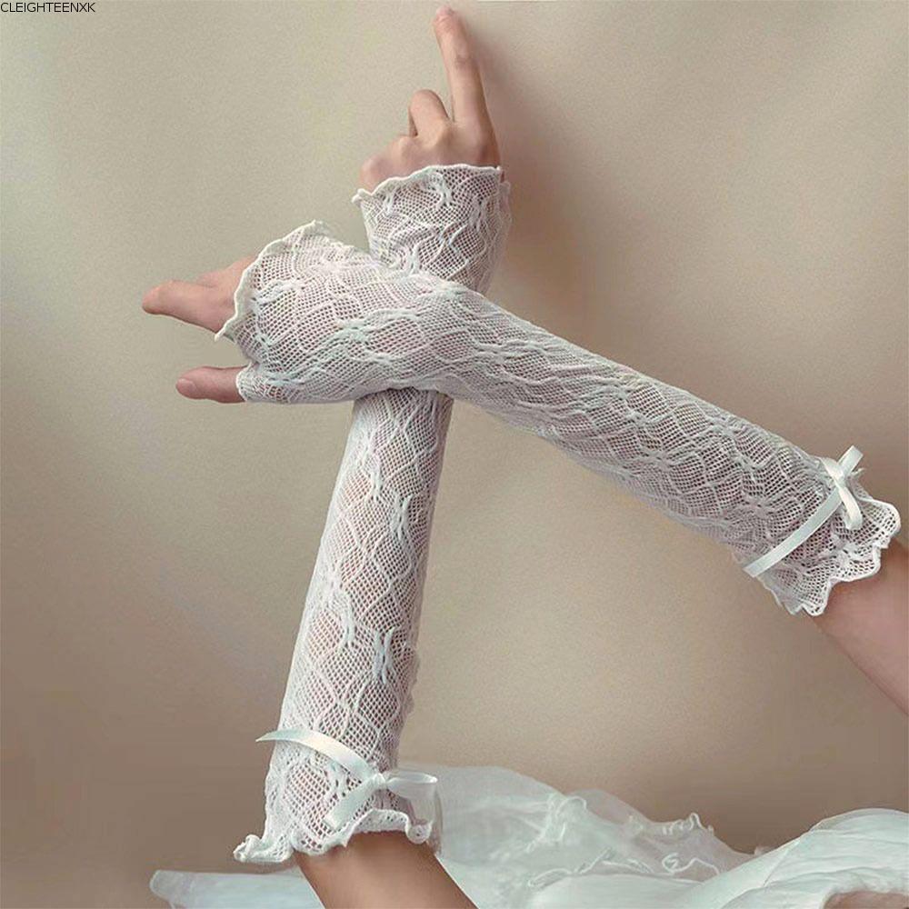 CLEIGHTEEN8H Lolita ถุงมือลูกไม้, Bowknot Straped Lace Ruffle Y2k Fingerless Mittens, Kawaii ญี่ปุ่น