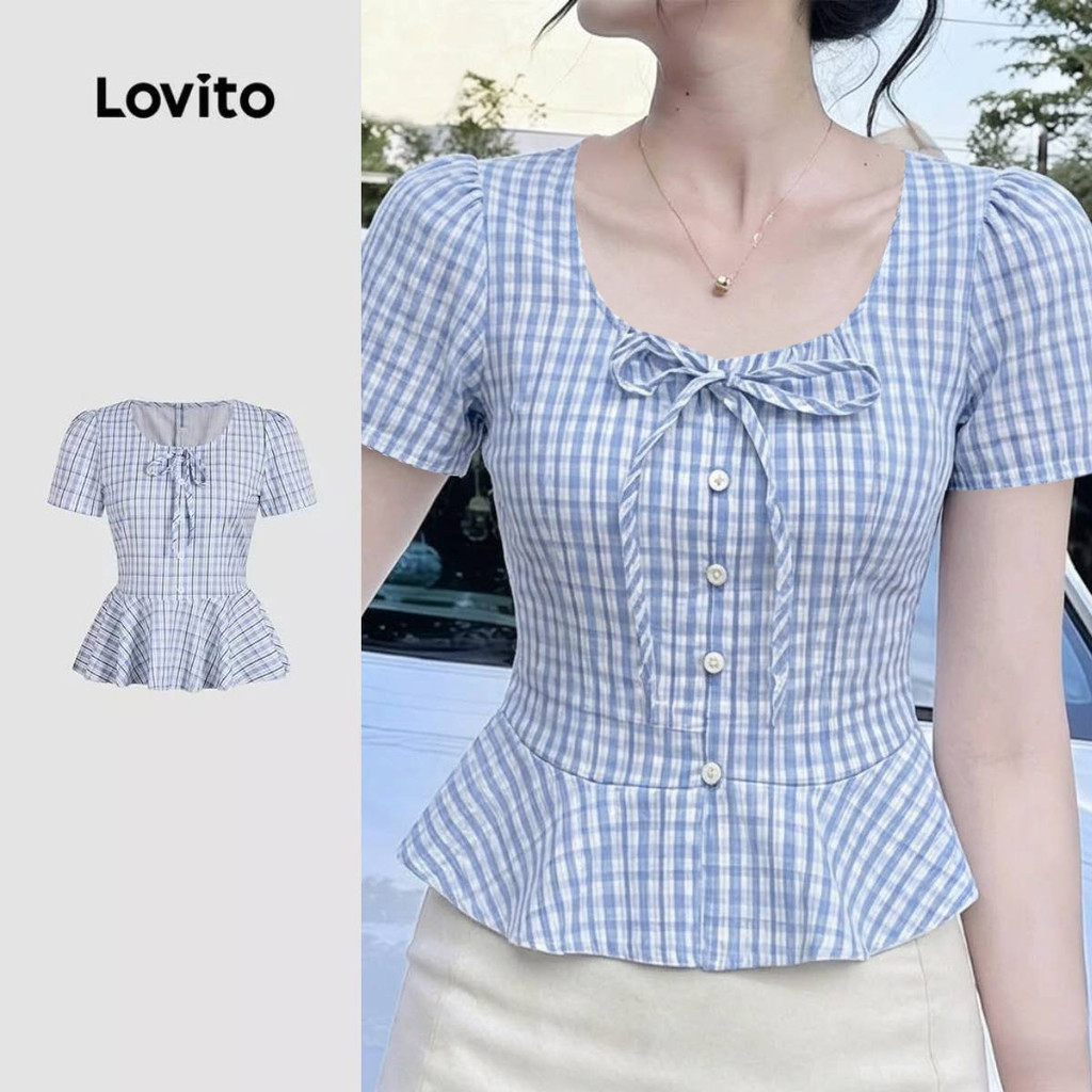 (New Arrival) Lovito เสื้อเบลาส์ลําลองพลีท สีฟ้า สําหรับผู้หญิง เหมาะสําหรับฤดูร้อน L195ED005