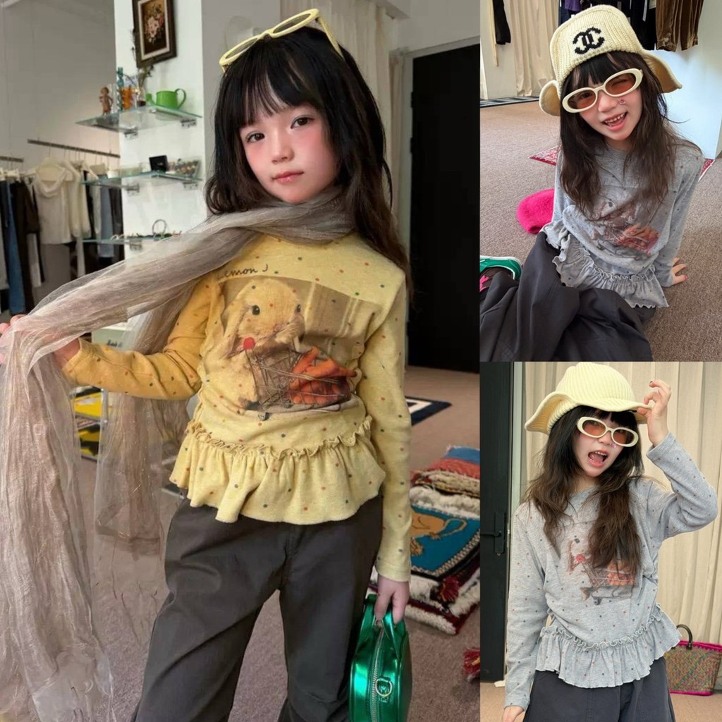 PRETTY BABY เสื้อแขนยาวเด็ก เสื้อลายจุดแต่งระบาย ลายกระต่าย กางเกงขาบาน ทรงคาร์โก้ (2432)