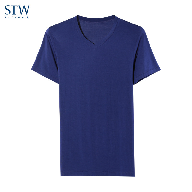 STW เสื้อยืดแขนสั้นผู้ชายสีทึบ Modal Seamless V คอชายเสื้อยืดครึ่งแขน Slim