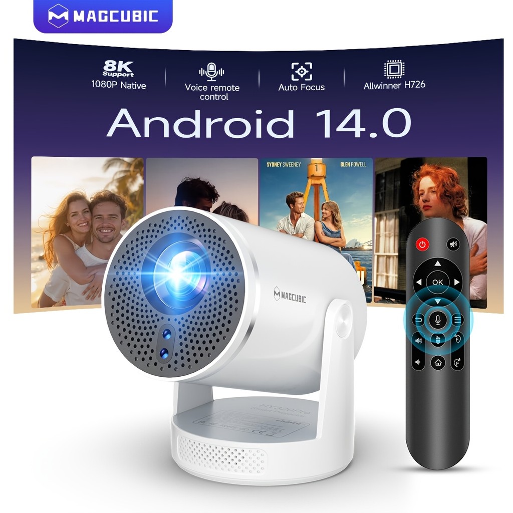 Magcubic HY320Pro สมาร์ทโปรเจคเตอร์ขนาดเล็กแบบพกพา 4K Android 14 โฟกัสอัตโนมัติพร้อมระบบควบคุมเสียง