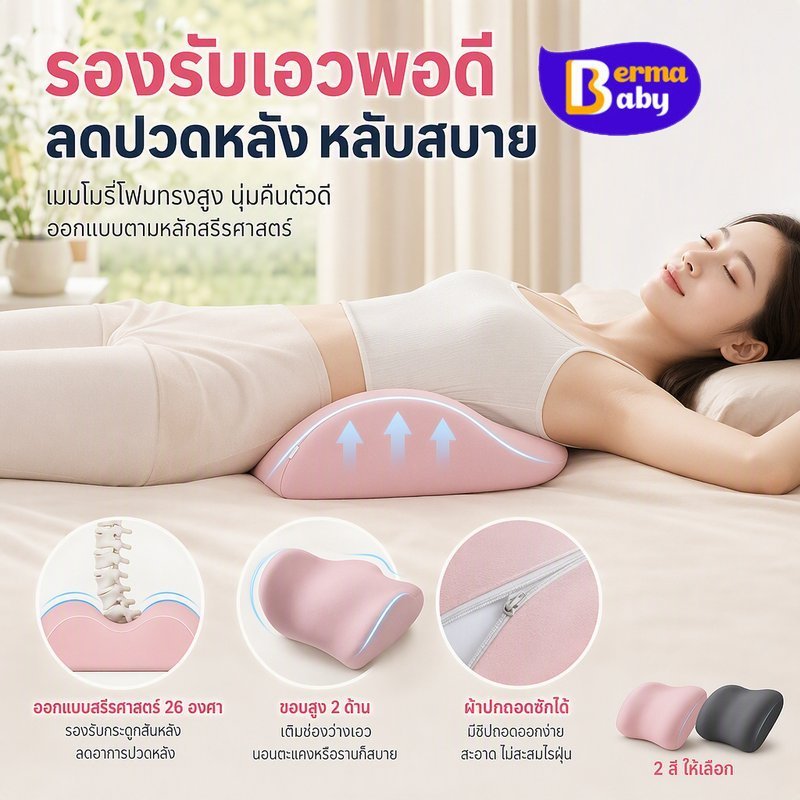 BERMA BABY หมอนรองเอว เมมโมรี่โฟม Ergonomic ทรงสูง รองรับสันหลัง นุ่มคืนรูป ปลอกซิปถอดซัก ระบายอากาศ