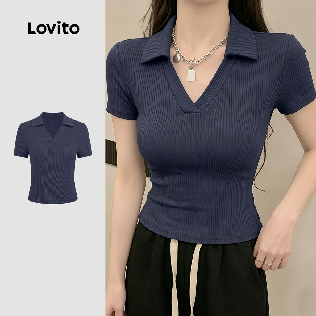 (New Arrival) Lovito เสื้อยืดลําลองผู้หญิง สีกรมท่า ทรงคลาสสิค เหมาะสําหรับฤดูใบไม้ผลิและฤดูร้อน ประจำวัน เกาหลี อินเทรนด์ L200AD189