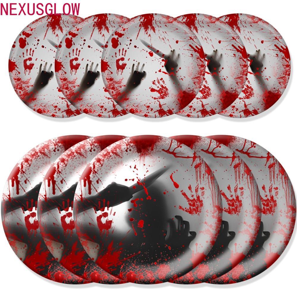 NEXUSGLOW 10 ชิ้น Halloween Disposable Tableware, Disposent จําลอง Bloodstain Paper Plate Cup Set, C