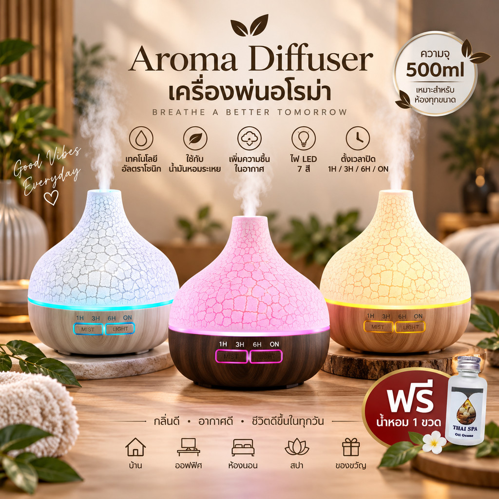 ⭐️เครื่องพ่นไอน้ำอโรม่า+น้ำมันหอม ⭐️พ่นน้ำมันหอมระเหย เพิ่มความชื้น สปา 500ml. Aroma Diffuser ควันเยอะ ไฟ 7 สี LED