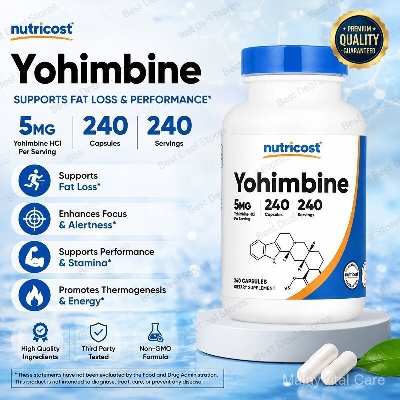 Nutricost Yohimbine 5MG Yohimbine HCl Per Serving แพ็คขนาดใหญ่ 240 แคปซูล 240 เสิร์ฟผลิตภัณฑ์เสริมอา