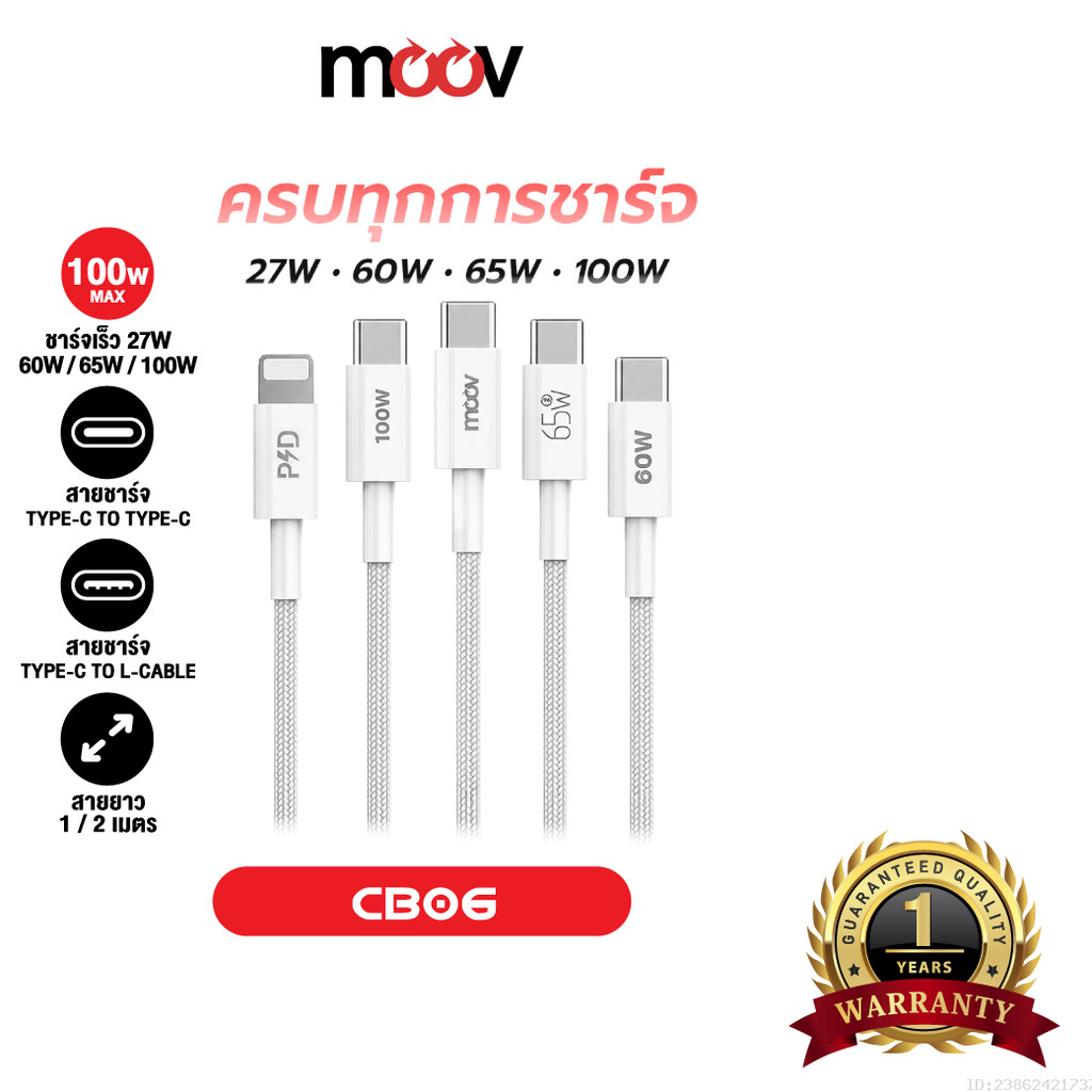 [ส่งไว] Moov CB06 สายชาร์จเร็ว Type C to Type C / L-Cable 100W 65W 60W 27W PD Fast Charge เหมาะสำหรับ iPhone Samsung
