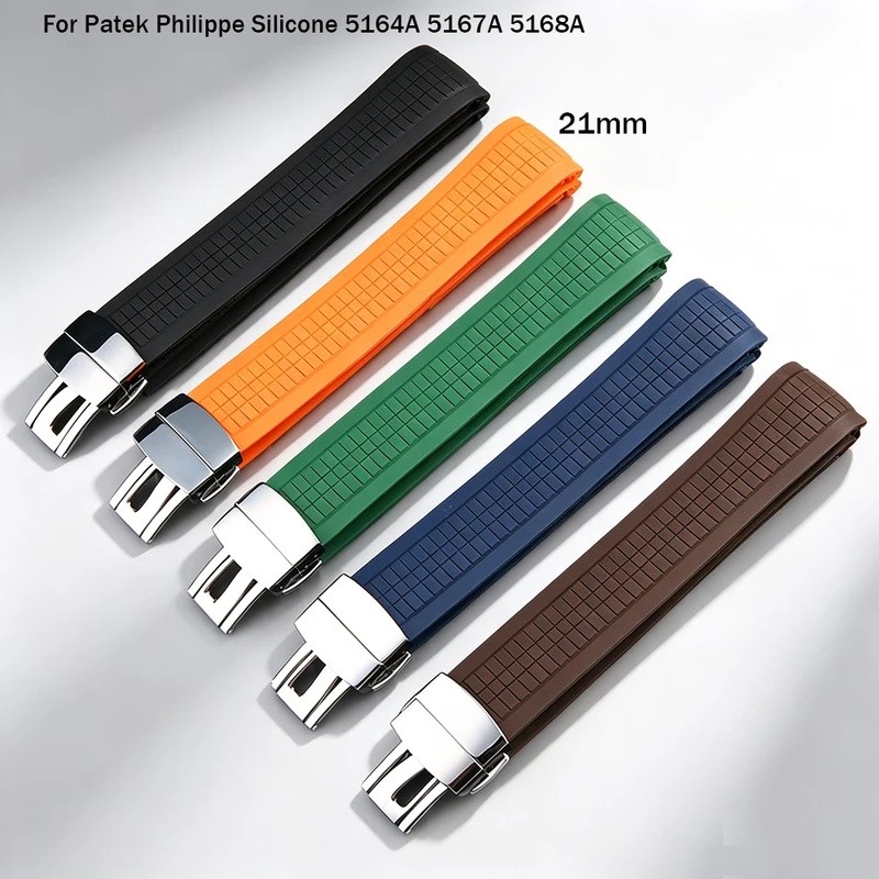 21 มม.สําหรับ Patek Philippe ซิลิโคน 5164A 5167A 5168A พับหัวเข็มขัดสายนาฬิกายางนุ่มนาฬิกา Aquanaut 