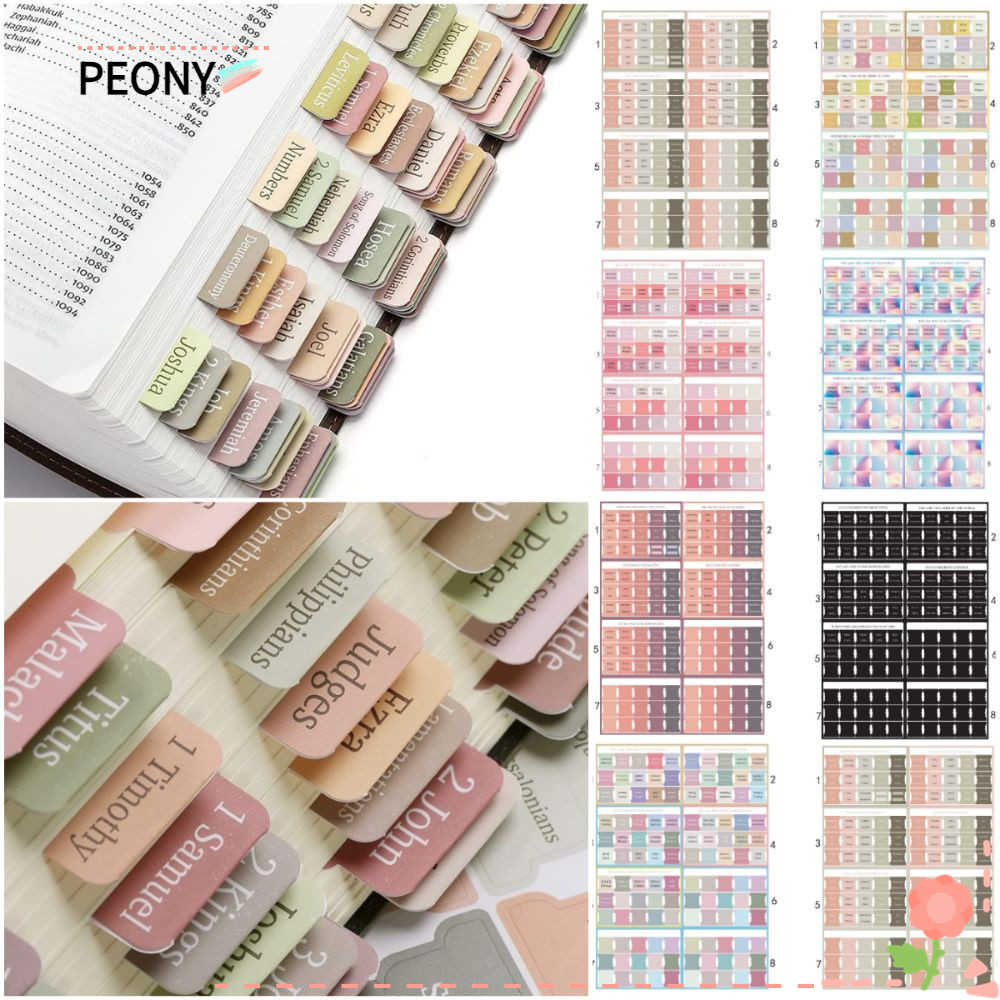 PEONYPAVILION 120PCS แท็บพระลามิเนต, หลายภาษา Easy Navigation Boho Bible Tabs, สวยสีสันลามิเนตกาวตนเ