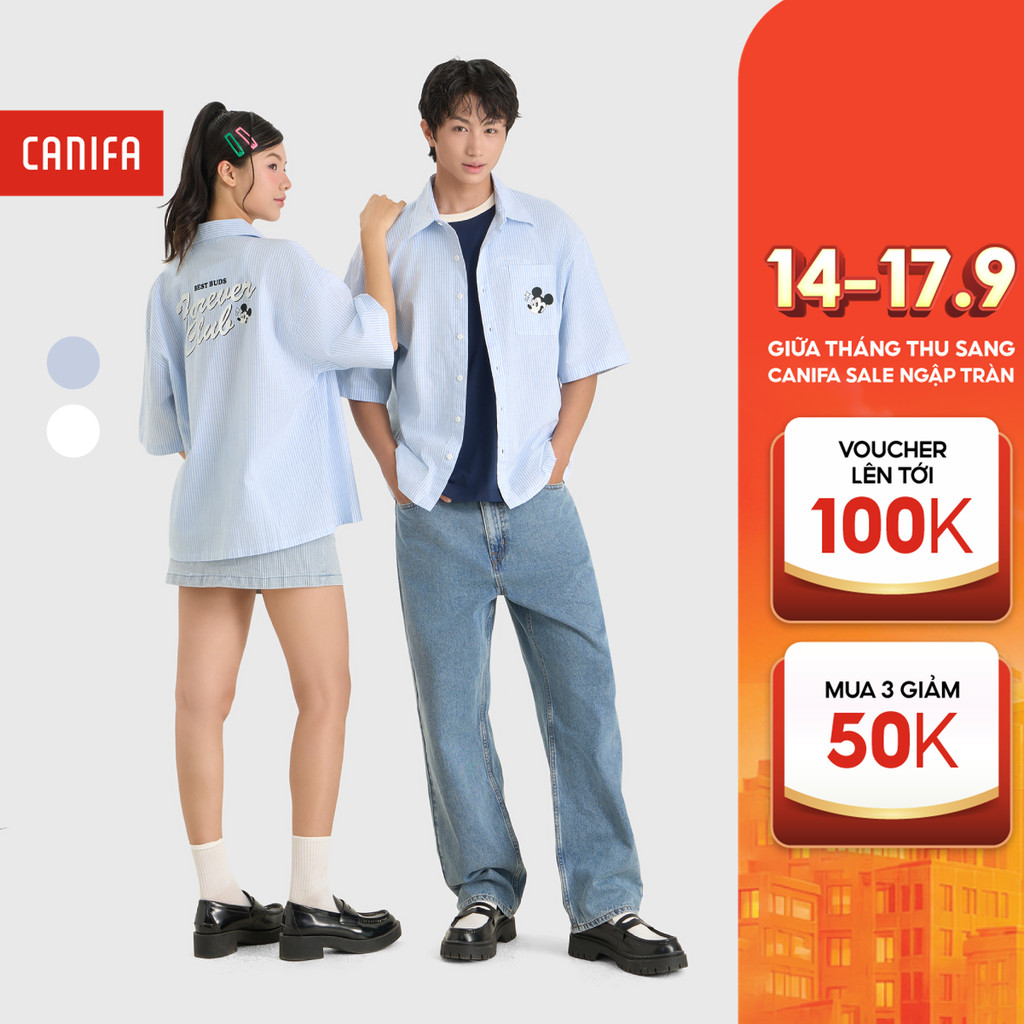 CANIFA เสื้อเชิ้ตผู้ใหญ่ unisex คอปกและแขนลายทางพิมพ์ลายมิกกี้ 5TH26S001