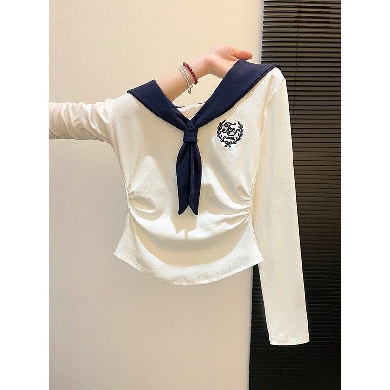 coco-เสื้อสุภาพสตรี แขนยาว ปลอกคอกองทัพเรือ ผ้าคลุมไหล่ ประเภทรุ่น Slim Fit ความเรียบง่าย หวาน สาวฮอต วิทยาลัย