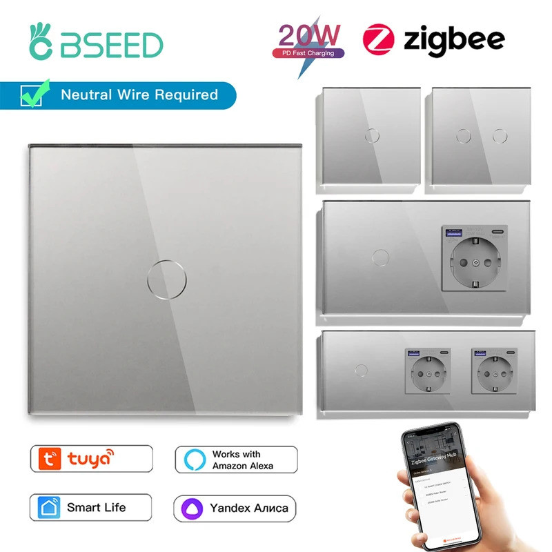 BSEED 1/2/3Gang Zigbee Wall Touch Switches 1/2/3Way Tuya Smart Life App ควบคุม 20W Type-c USB EU ซ็อ