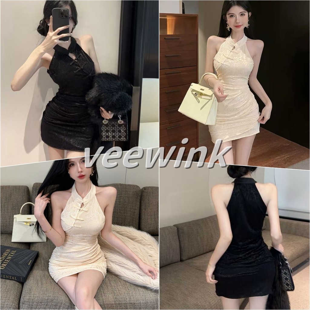 Veewink พร้อมส่งจากกทม เดรสกี่เพ้า เนื้อผ้ากำมะหยี่ คอฮอล์เตอร์ กระชับเอว กระโปรงรัดก้น ลุคสาวสังคมเซ็กซี่