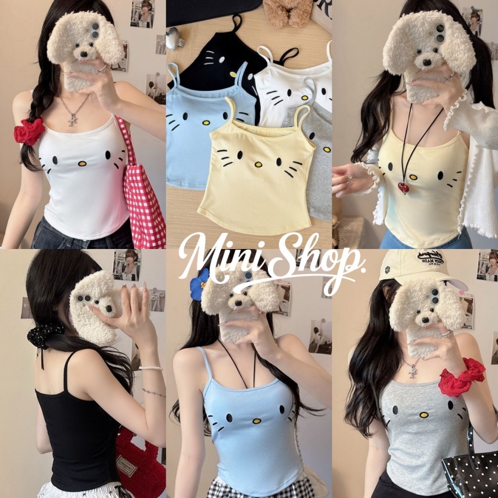 Mini shop พร้อมส่ง (FY4110)5 สี เสื้อสายเดี่ยว ดีเทลลายน้องแมว สีพาสเทล เสริมฟองน้ำ หวานและน่ารัก