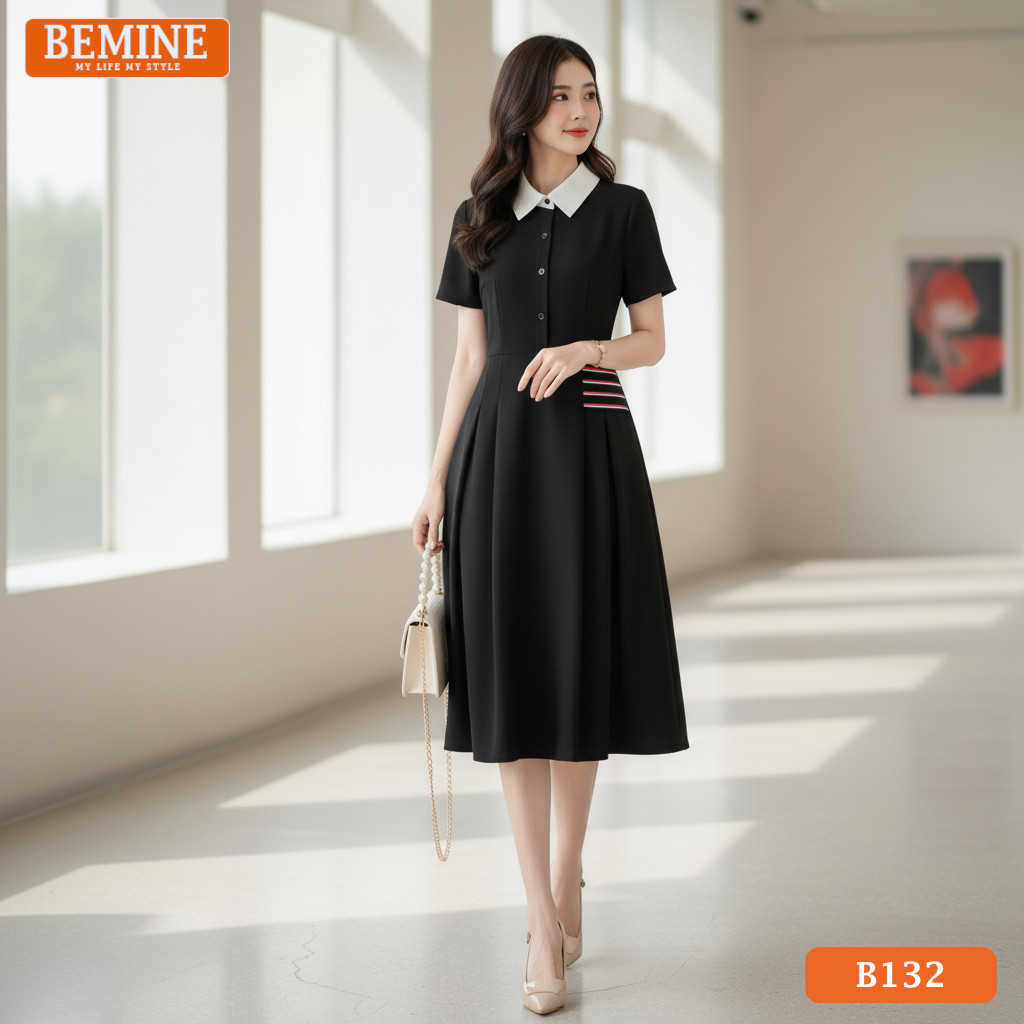 BEMINE เดรสดีไซน์คอปกเชิ้ตและทรงเอสีแดง เหมาะสําหรับทํางาน-B132