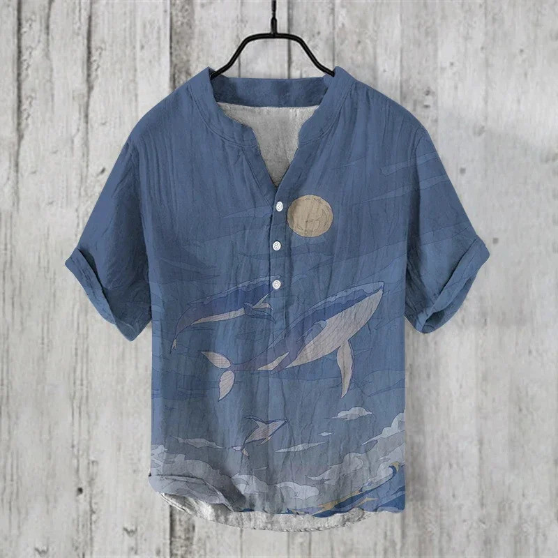 เสื้อ Henley 3D พิมพ์ แขนสั้น สีทึบ สไตล์วินเทจ เหมาะสำหรับชายหาดและความสบายในฤดูร้อน