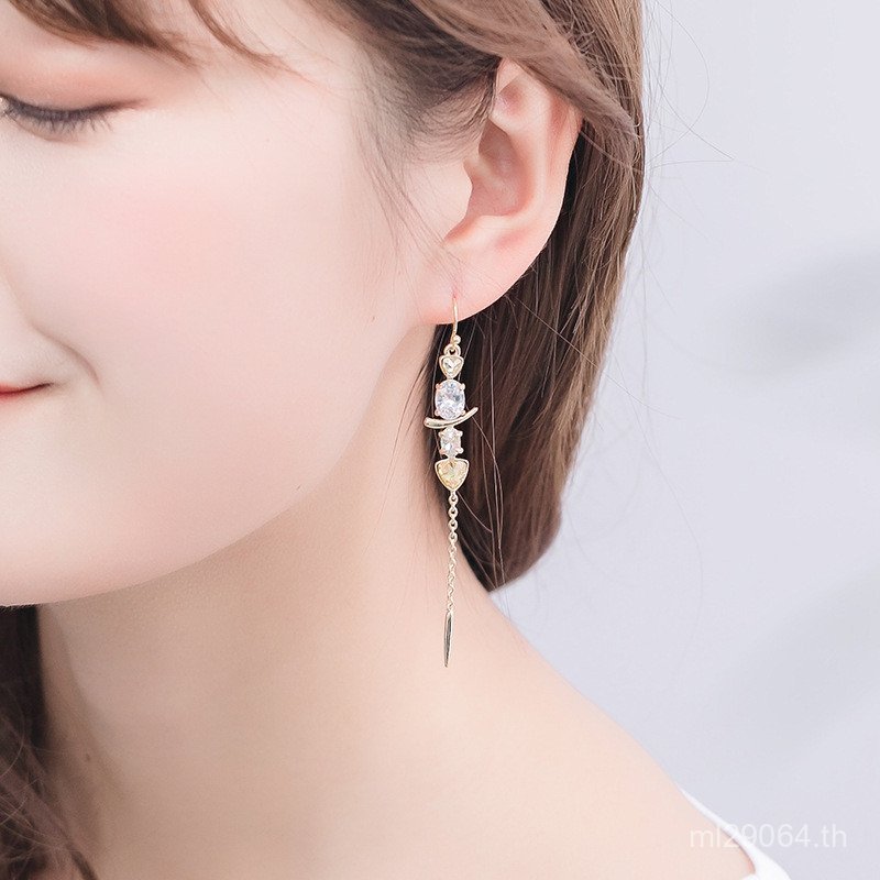 ต่างหูทรงเรขาคณิตแบบ Retro ดีไซน์ทันสมัย กะลาสิว Zircon ยาวพิเศษ LO7N